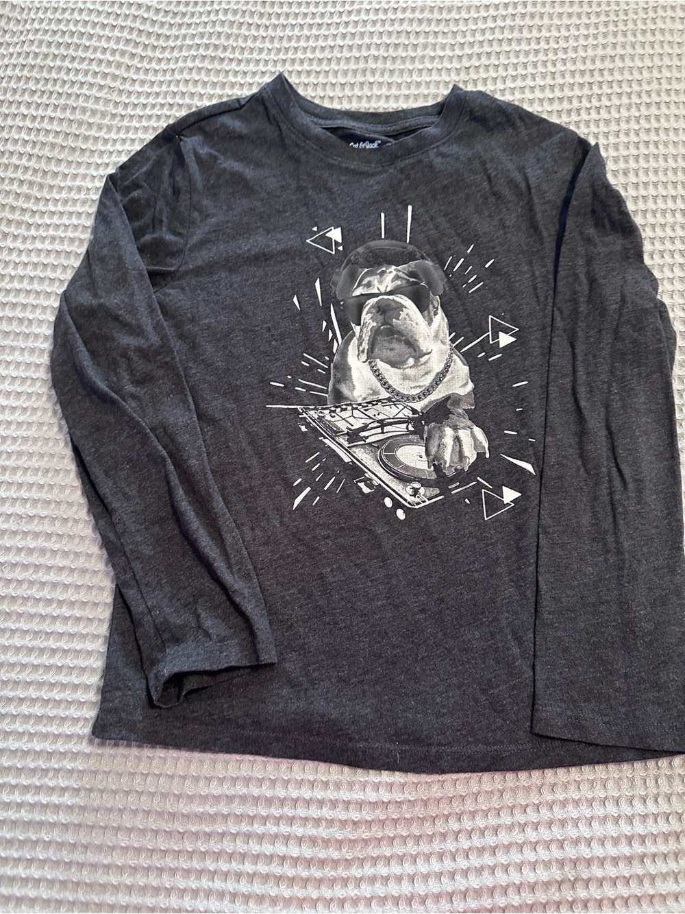 Cat & Jack Dark Gray Long-Sleeve Shirt with White Bulldog DJ Graphic